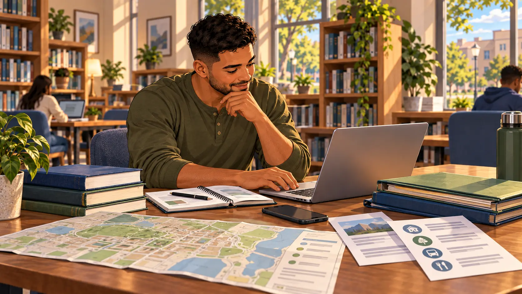 Soldier researching a possible Army assignment using a laptop and public planning materials.