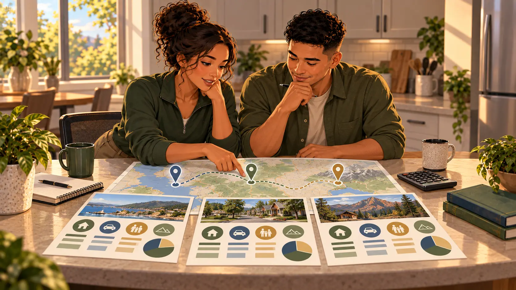 A soldier and spouse comparing two Army duty stations at a kitchen table using a laptop, map, and written budget.
