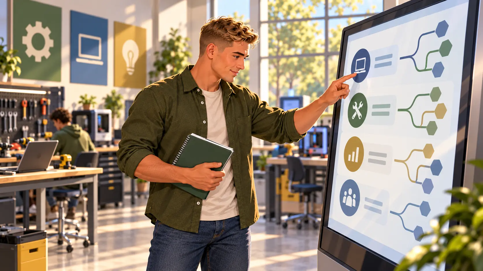 Soldier exploring credentialing pathways on a digital display in a skills lab.