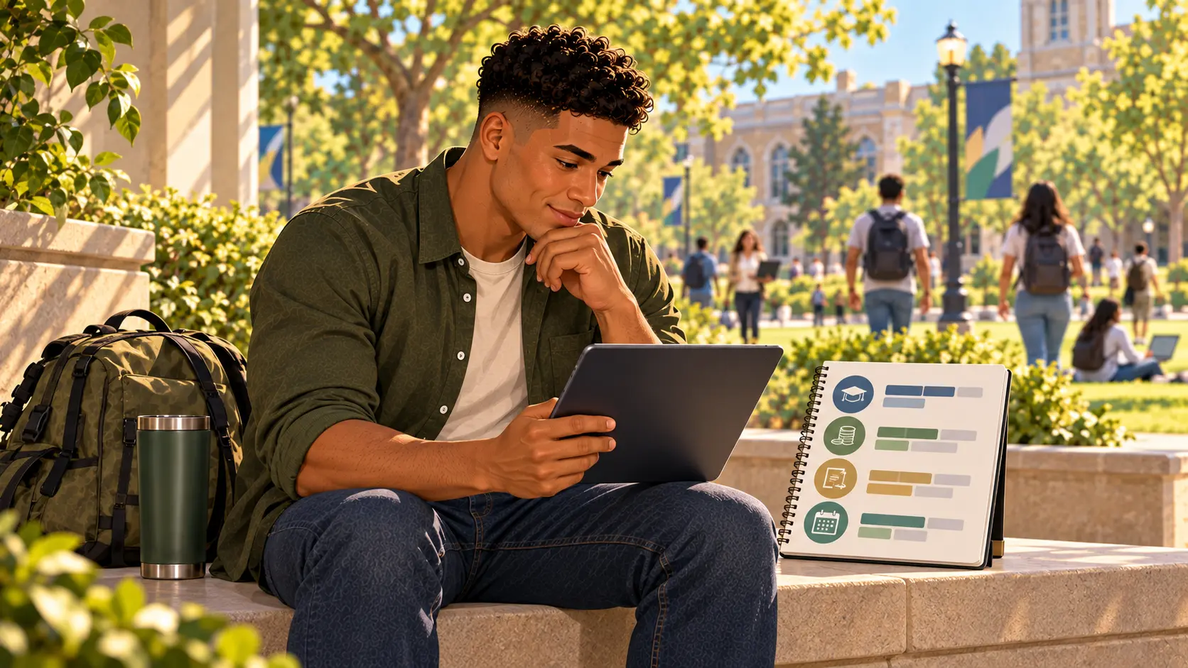 Soldier comparing accredited online colleges before selecting a degree program.