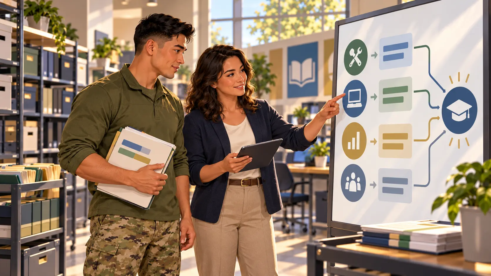Soldier reviewing military training and college credit options.